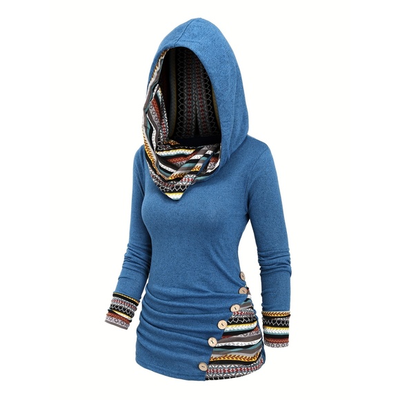 Women'S Fashion Hooded Sweatshirt, Long Sleeve Striped Patchwork Knit with Faux - Picture 1 of 6